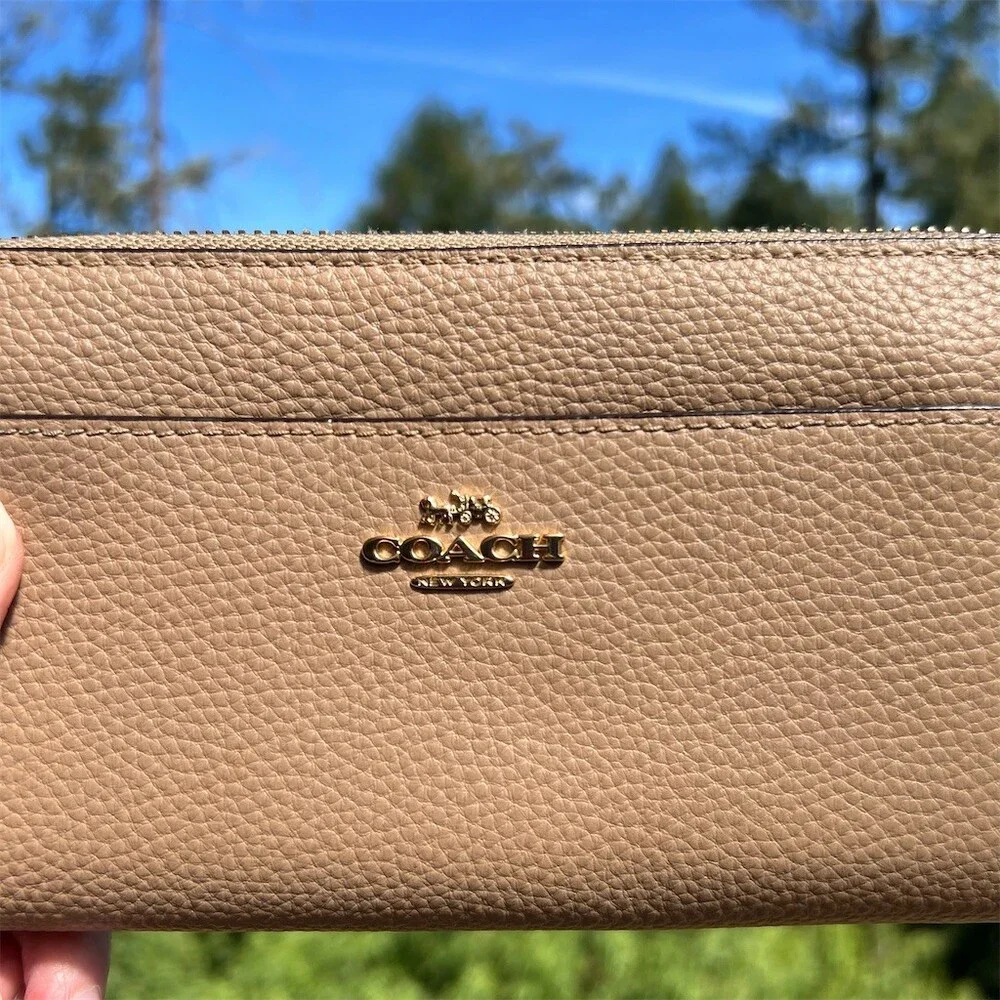 COACH Long Zip-Around Wallet Taupe Pebble Leather Wallet Gold Hardware AUTHENTIC